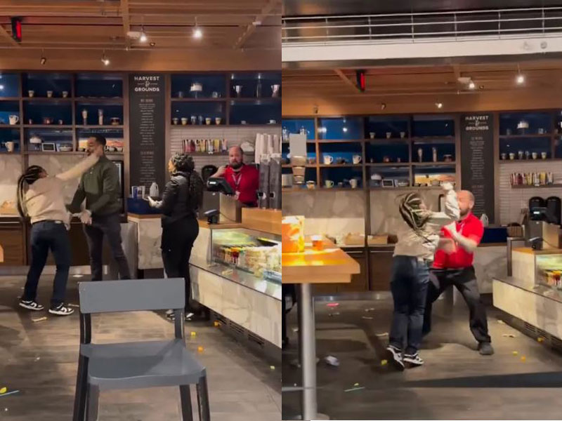 VIDEO Airport employee leaps over counter fights managers and swings chair after she’s fired, VIDEO Airport employee fights managers after she's fired: Give me my stuff, Clip Airport Give me my stuff, Clip Airport Coffee, Video A fired Atlanta Airport coffee shop employee, Video manager and employee Atlanta Airport fighting in coffee, Harvest and Grounds inside Concourse D at Hartsfield-Jackson Atlanta, Video involving a manager and an employee at Harvest and Grounds near Terminal D in the airport, US news video today, US today news, Today news Video, Hot news today, Hot news today on the world, News hot today, US news today, Shock news today, Post news hot today